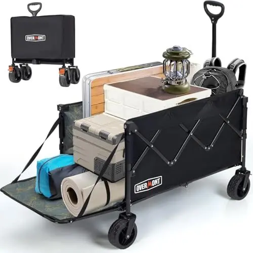 Produktbild: Overmont Klappbar Bollerwagen mit Faltbarer Heckklappe - Alle Gelände Räder - 200L großes Fassungsvermögen mit Seitentaschen Getränkehalter Verstellbarem Griff - bis 120 kg Tragkraft Schwarz