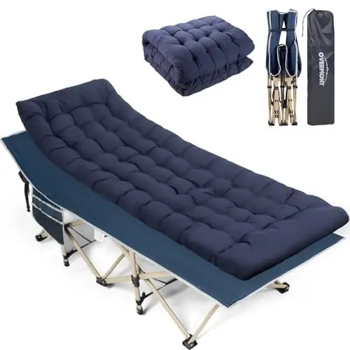 Produktbild: Overmont Klappbar Übergroß Feldbett mit Matratze - Campingbett für Erwachsene 190 x 71 x 36 cm - bis 250kg Belastbar - 2400D Oxfordgewebe mit Seitentasche Tragetasche für Camping Garten Büro Gästebett