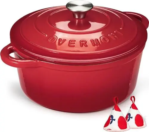 Produktbild: Overmont Schmortopf Gusseisen Topf 26cm - Emaille Bräter mit Deckel backofengeeignet - mit Kochbuch - für Küche Backen Schmoren Braten Rot