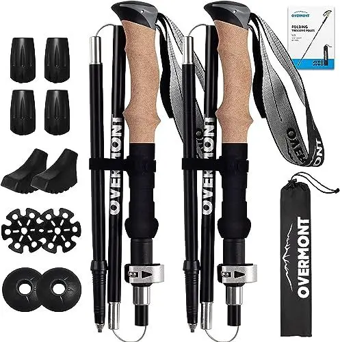 Produktbild: Overmont Wanderstöcke 7075 Aluminium Ultraleicht faltbar verstellbar 105-125CM Trekkingstöcke Nordic Walking Stöcke 1 Paar mit All Terrain Zubehör