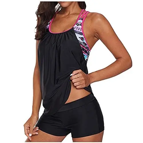 Produktbild: Oversize Damen Tankini Set Bauchweg mit Slip, Hotpants oder High Waist Tankini mit Hotpants Badebekleidung Zweiteilig mit Streifen Bauchweg Tankini Shape Badeanzug Damen Schwarz,S