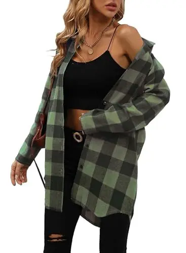 Produktbild: Oversize Shirt Damen Flanell Knopfleiste Tunika Karohemd Langarm Herbst Oberteile V-Ausschnitt Kariertes Hemdbluse