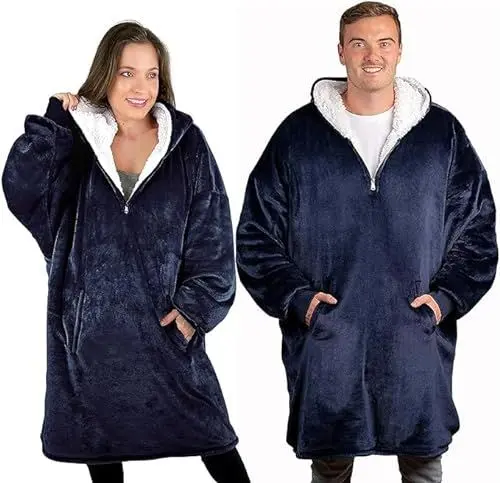 Produktbild: Oversized Blanket Hoodie Decke, Plüsch Flanell Weicher und Warmer Decken Pullover, Übergroße Kuschel Pulli mit Reißverschluss, Herren und Damen (Marine-Blau)