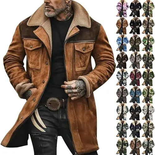 Produktbild: Oversized Mantel Herren Casual Wildlederjacke Warm Gefüttert Wintermantel Outdoor Jacken Für Herren Mit Taschen Reißverschluss Kunstlederjacke Funktionsjacke Arbeitsjacke Khaki Kunstlederjacke Xxl