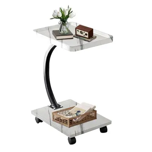 Produktbild: OVLRIJP Beistelltisch mit Rollen, Beistelltisch C Form, Beistelltisch Weiß, Couchtisch Klein Beistelltisch Holz mit Rollen, Sofatisch für Couch Sofa Wohnzimmer und Schlafzimmer (Weiß)