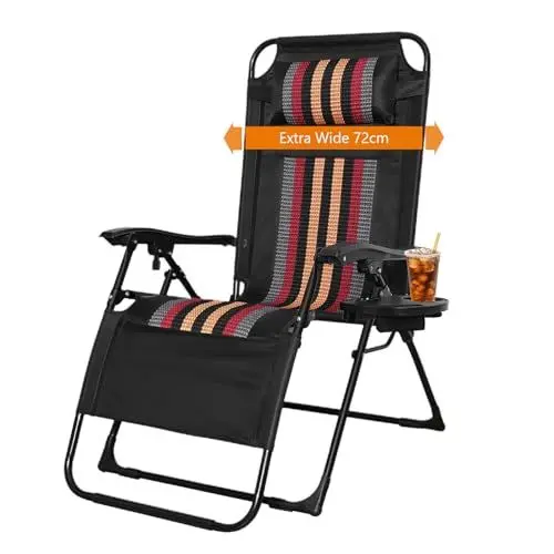 Produktbild: Liegestuhl Garten Klappbar, Extra Breit Klappbare Sonnenliege Gartenliege, Liegestuhl Balkon Klappbar mit Abnehmbarer Kopfstütze & Getränkehalter, Klappliegestuhl für Garten Terrasse (Strip-1pc)