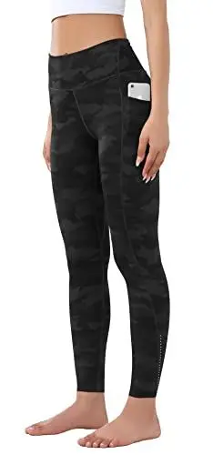 Produktbild: OVRUNS Damen Sporthose mit Taschen, Blickdicht Sport Leggins High Waist Lang Fitnesshose Yogahose - Schwarze Tarnung - M
