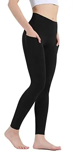 Produktbild: OVRUNS Damen Sporthose mit Taschen, Blickdicht Sport Leggins High Waist Lang Fitnesshose Yogahose - Schwarzer - L