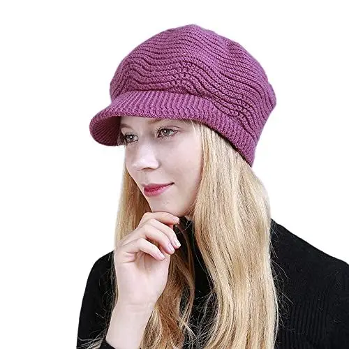 Produktbild: OVTRB Damen Wintermütze Welle gestrickt warmes Fleece gefüttert Newsboys Cap kaltes Wetter Hut mit Krempe weiblich Stricken Visor Beanie