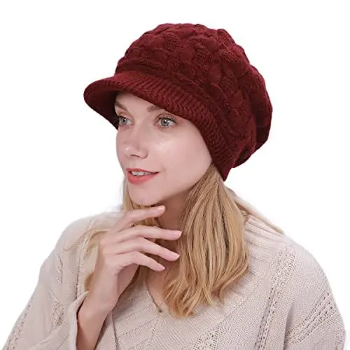 Produktbild: OVTRB Damen Wintermütze geflochten gestrickt warmes Fleece gefüttert Newsboys Mütze kaltes Wetter Krempe Hut Stricken Visor Beanie