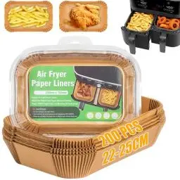 Produktbild: Owelth 200 Stück Backpapier für Heißluftfritteuse Dual Zone, 22-25cm Airfryer Backpapier Rechteckig, Antihaft Ölfest Einweg-papiereinsatz, Air Fryer Paper Zubehör Papiereinlagen für Ofen Mikrowelle