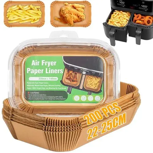 Produktbild: Owelth 200 Stück Backpapier für Heißluftfritteuse Dual Zone, 22-25cm Airfryer Backpapier Rechteckig, Antihaft Ölfest Einweg-papiereinsatz, Air Fryer Paper Zubehör Papiereinlagen für Ofen Mikrowelle