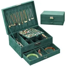 Produktbild: Owelth Schmuckkästchen 2 Ebenen, Schmuckschatulle aus Samt, Schmuckbox Schmuckkoffer Reise für Damen, Schmuckkästen für Ringe, Ohrringe, Halsketten, Uhren, mit Schloss und Schlüssel, Dunkelgrün