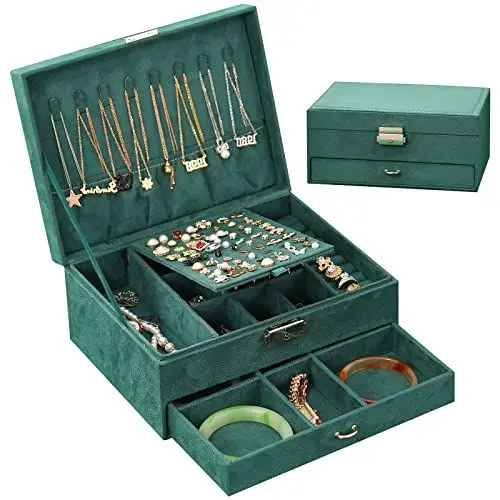 Produktbild: Owelth Schmuckkästchen 2 Ebenen, Schmuckschatulle aus Samt, Schmuckbox Schmuckkoffer Reise für Damen, Schmuckkästen für Ringe, Ohrringe, Halsketten, Uhren, mit Schloss und Schlüssel, Dunkelgrün