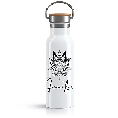 Produktbild: OWLBOOK Lotusblüte Mandala Trinkflasche personalisiert Yoga Edelstahl Wasserflasche für Frauen Yoga Zubehör Damen - Thermosflasche 600ml nachhaltige Sportflasche auslaufsicher schadstofffrei BPA