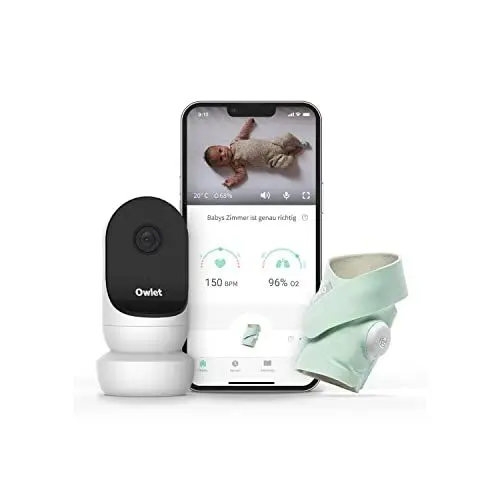 Produktbild: Owlet Babyphone Duo - Smart Sock + Neue Cam 2 Kamera mit Weinen-meldungen - Baby-Socke mit Pulsoximeter Funktion + mobiles Videobabyphone im Bundle mit App, Mintgrün, 1.5 grams
