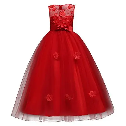 Produktbild: OwlFay Kinder Blumenmädchenkleid mit Appliques Ärmellos Prinzessin Tüll Maxikleid Festlich Hochzeit Brautjungfern Kleid Formale Party Festzug Abendkleid Kommunikation Ballkleid Rot 11-12J