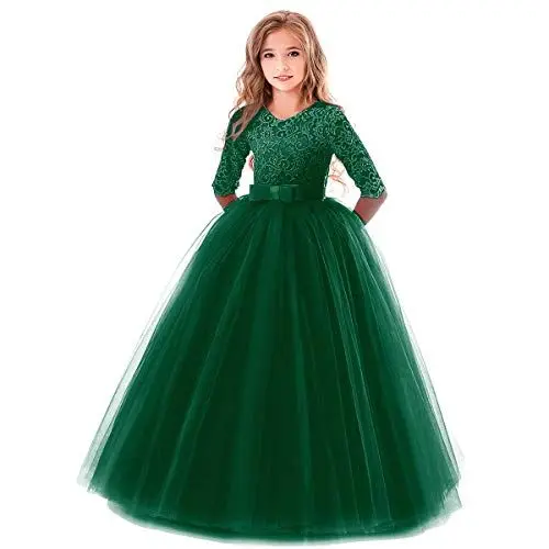 Produktbild: OwlFay Prinzessin Festliches Kinder Mädchen Kleid Festzug Kleider Hochzeit Partykleid Brautjungfern Kleidung Spitze Tüll Cocktailkleid Elegant Langes Abendkleid Dunkelgrün 2-3Jahre