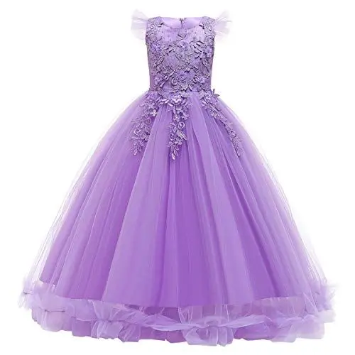 Produktbild: OwlFay Stickerei Applique Blumenmädchen Kleid Rüschen Langes Tüll Maxikleid Brautjungfern Hochzeitskleid Kinder Partykleid Abendkleid Feierliche Prinzessinenkleid Ballkleid Helles Lila 5-6 Jahre