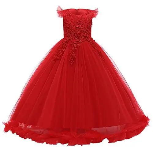 Produktbild: OwlFay Stickerei Applique Blumenmädchen Kleid Rüschen Langes Tüll Maxikleid Brautjungfern Hochzeitskleid Kinder Partykleid Abendkleid Feierliche Prinzessinenkleid Ballkleid Rot 7-8 Jahre