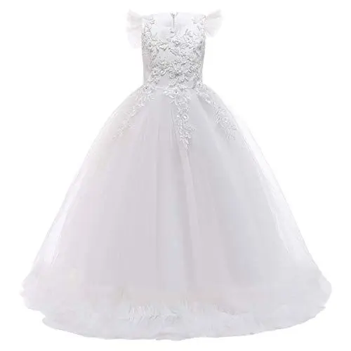 Produktbild: OwlFay Stickerei Applique Blumenmädchen Kleid Rüschen Langes Tüll Maxikleid Brautjungfern Hochzeitskleid Kinder Partykleid Abendkleid Feierliche Prinzessinenkleid Ballkleid Weiß 7-8 Jahre