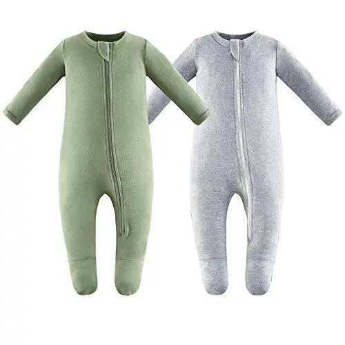Produktbild: Owlivia Baby Schlafstrampler aus Bio Baumwolle, für Mädchen und Jungen, Langarm, mit Fußen (Grün & Grau, 0-3 Monate)