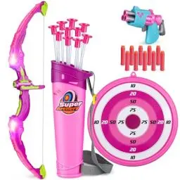 Produktbild: Own1one Bogenschießen Set Bogen und Pfeil Set für Kinder mit LED Leuchten, 1 Zielscheibe, 10 Saugnapfpfeile, 2 in 1 Spielzeugbogen Set für Kinder Mädchen ab 6-12 Jahre