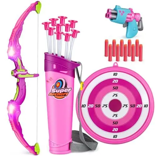 Produktbild: Own1one Bogenschießen Set Bogen und Pfeil Set für Kinder mit LED Leuchten, 1 Zielscheibe, 10 Saugnapfpfeile, 2 in 1 Spielzeugbogen Set für Kinder Mädchen ab 6-12 Jahre