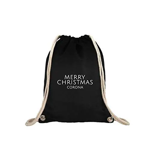 Produktbild: OwnDesigner Merry Christmas Turnbeutel mit Aufdruck Motiv Gym Bag Hipster Unisex Damen und Herren Kordeltasche (Jute-479-Schwarz)
