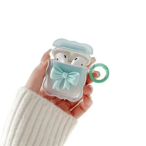 Produktbild: Ownest Kompatibel mit Airpods 2 Hülle und Airpods 1 Hülle Cute Aesthetic Colour 3D Bogen Design mit Schlüsselanhänger Wave Frame Shape TPU Mädchen Girls Transparent AirPods Case - Blau