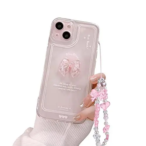 Produktbild: Ownest Kompatibel mit iPhone 14 Hülle Cute 3D Rosa Schleife Transparent Aesthetic Süßes Design Handyhülle Frauen Mädchen Teen Girls Kamera Objektiv Schutzhülle + Glitter Bow Crystal Kette