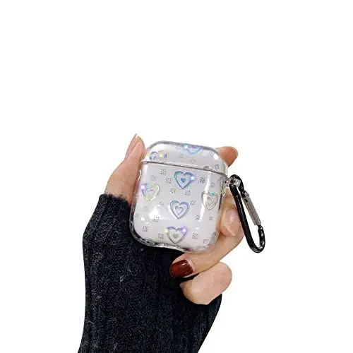 Produktbild: Ownest kompatibel mit AirPods Hülle für AirPods 2 & 1 Transparent Glitzer Herz Muster für Damen Mädchen Frau Mode Weiche TPU Stoßfest AirPods Hülle - Herz