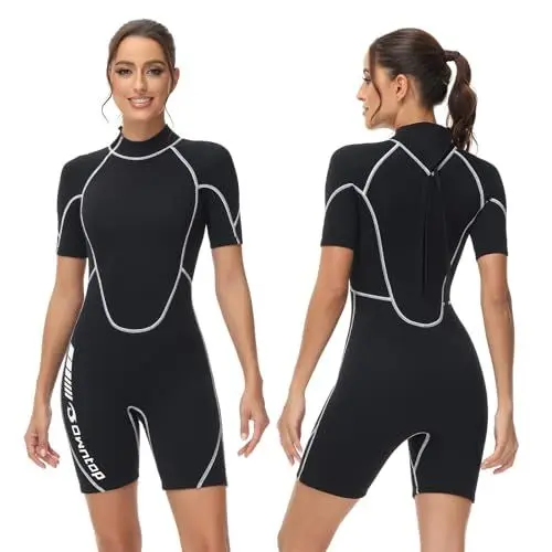 Produktbild: Owntop 3/2mm Shorty Neoprenanzug Damen - Rückenreißverschluss Wetsuit zum Tauchen Surfen, Kurzarm Tauchanzüge Stretch Neopren für Wassersport, Damen Schwarz XXL