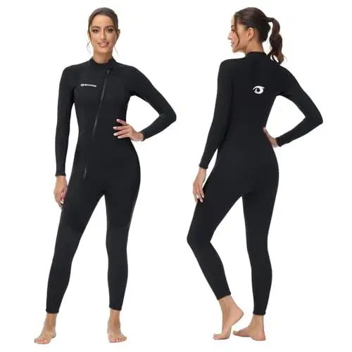 Produktbild: Owntop Damen Neoprenanzug 3/2mm - Vorderer Reißverschluss Voll Tauchanzüge, Stretch Pro Neopren-Nassanzug Thermische Volle Länge Tauchhaut zum Surfen Schnorcheln, Damen Schwarz M
