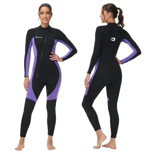 Produktbild: Owntop Damen Neoprenanzug 3/2mm - Vorderer Reißverschluss Voll Tauchanzüge, Stretch Pro Neopren-Nassanzug Thermische Volle Länge Tauchhaut zum Surfen Schnorcheln, Damen Violett L