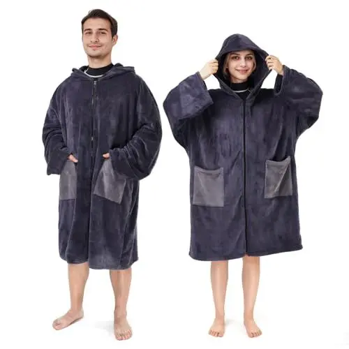 Produktbild: Owntop Handtuch Poncho Erwachsene, Surf Poncho Langen Ärmeln Damen Herren, Schnell Trocknendes Badeponcho mit Reißverschluss für Strand Camping Dusche Pool Zuhause - Blau L