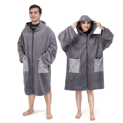 Produktbild: Owntop Handtuch Poncho Erwachsene, Surf Poncho Langen Ärmeln Damen Herren, Schnell Trocknendes Badeponcho mit Reißverschluss für Strand Camping Dusche Pool Zuhause - Grau L