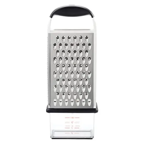 Produktbild: OXO Good Grips Vierkantreibe mit Auffangbehälter aus geätztem Edelstahl – für Gemüse und mehr, Silber/Schwarz