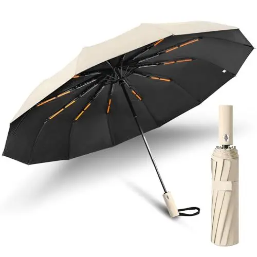 Produktbild: Faltbarer Reise-Regenschirm, winddicht, automatisches Öffnen/Schließen, 24 verstärkte Fiberglas-Rippen, UV-beständig, tragbar, kompakter Regenschirm für Regen und Sonnenschein