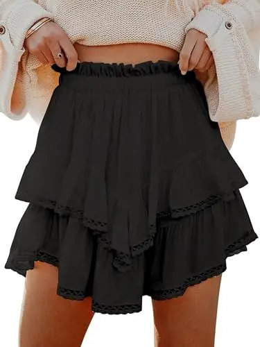 Produktbild: Oyamiki Kurze Rock Sommer Damen A Linie Hosenrock Mode Flowy Schwarzer Röcke Hoher Taille Minirock Urlaub Ruffle Skirt S