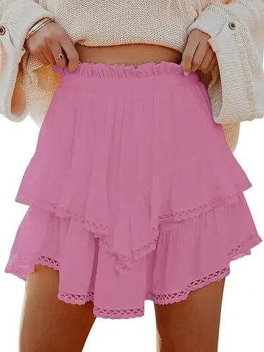 Produktbild: Oyamiki Mini Rock Frauen Sommer Fließender mit Hose Trendy High Waist Shorts Elastischer Bund Pink M