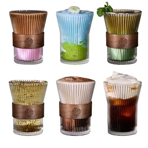 Produktbild: OyaYung Latte Macchiato Gläser Set - Matcha gläser - Cocktailgläser - Eiskaffee gläser - 6 x 280ml - mit Verbrühschutz Bambusring für Latte Macchiato Matcha Cocktail Eis Milch Spülmaschinenfest(Saite)