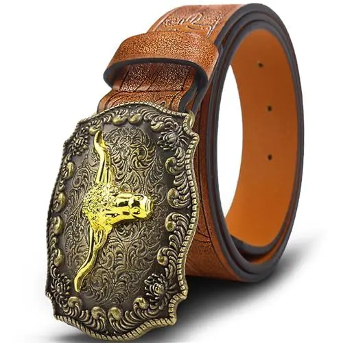 Produktbild: Oyifan Western Cowboy Cowgirl Gürtel, Herren Longhorn Stier Blumengravur, Frauen braun große Schnalle Westerngürtel (Braun, L Passend für Taillengrößen 35-43 Zoll)