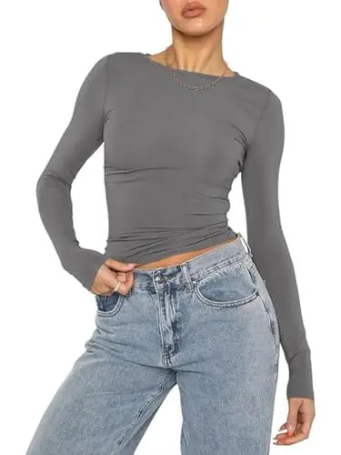 Produktbild: OYIGELZ Damen Langarmshirt Rundhals Slim Fit Y2K Oberteile Basic Crop Tops Casual Streetwear t Shirt(Grau-06,S)
