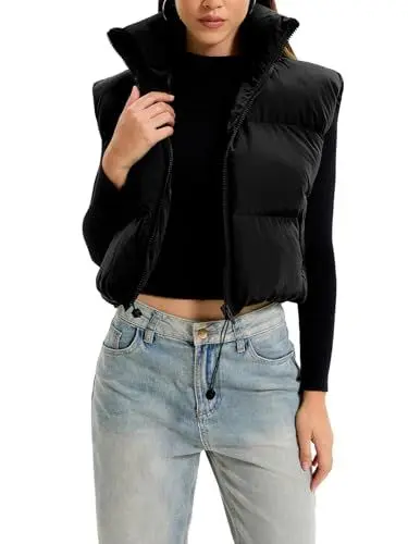 Produktbild: OYIGELZ Damen Steppweste Fashion Stehkragen Reißverschluss Kurze Female Weste Gefütterte Pufferweste Jacken Mäntel(Schwarz-W,S)