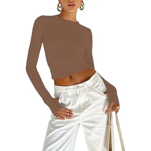 Produktbild: OYIGELZ Langarmshirt Damen Basic T-Shirt Langarm Crop Top Y2K Slim Fit Oberteile Casual Rundhals Tee Shirt(Braun,S)