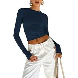 Produktbild: OYIGELZ Langarmshirt Damen Basic T-Shirt Langarm Crop Top Y2K Slim Fit Oberteile Casual Rundhals Tee Shirt(Dunkelblau,S)