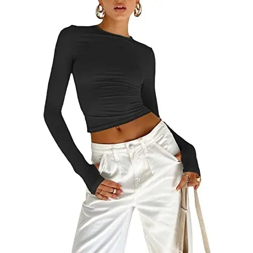 Produktbild: OYIGELZ Langarmshirt Damen Basic T-Shirt Langarm Crop Top Y2K Slim Fit Oberteile Casual Rundhals Tee Shirt(Schwarz,S)