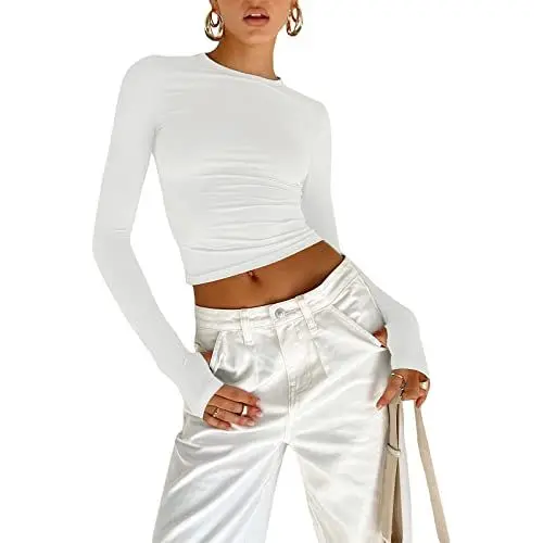 Produktbild: OYIGELZ Langarmshirt Damen Basic T-Shirt Langarm Crop Top Y2K Slim Fit Oberteile Casual Rundhals Tee Shirt(Weiß,S)