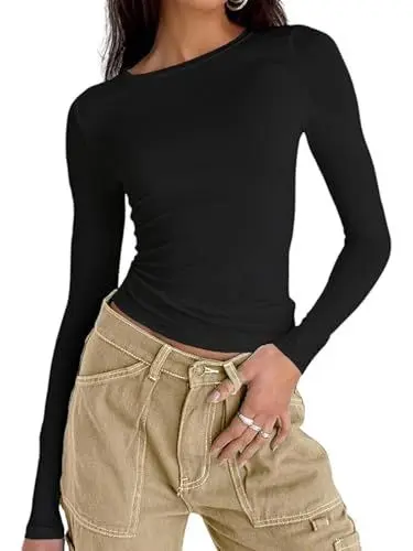 Produktbild: OYIGELZ Langarmshirt Damen Klassischer Basic T-Shirt Crop Tops Y2K Slim Fit Oberteile Sweatshirt Casual Rundhals Tee Shirt(Schwarz,XXL)